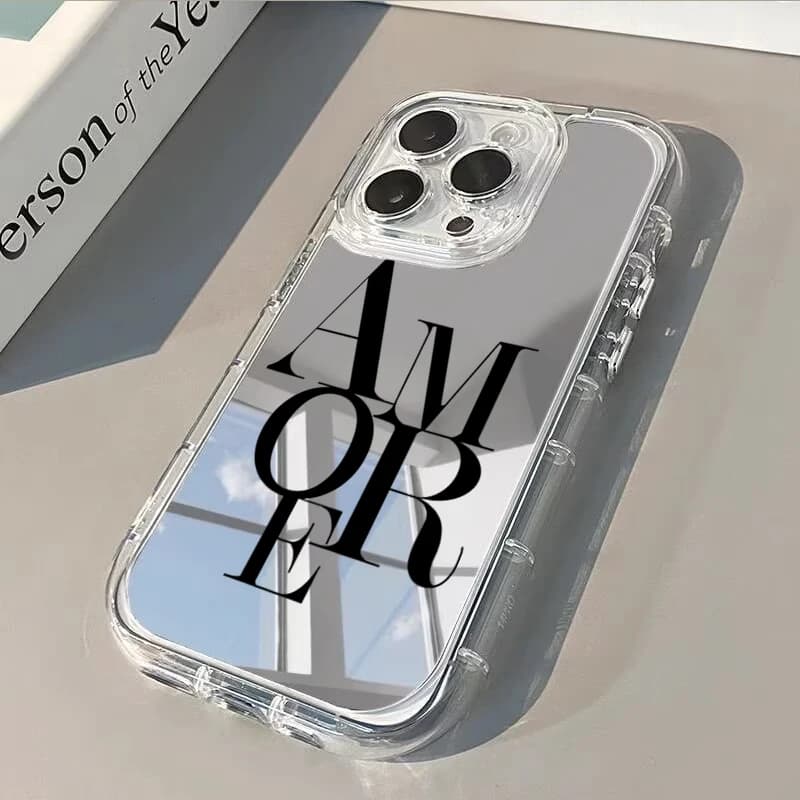 Phone case with simple black English letters pattern for iPhone 17 15 14 13 12 11 Pro Max 7 8 Plus XR X XS 16E 17E Mirror Cover