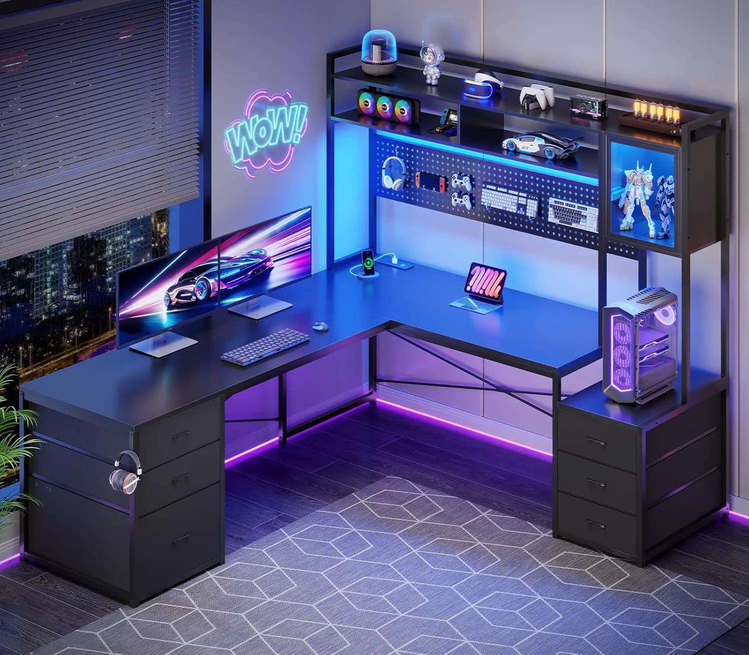 Scrivania da Gaming a L con Cassetti, Scrivania Angolare per Computer Reversibile con Cassetto Portadocumenti, Hutch e Scaffali Portaoggetti, Personalizzabile