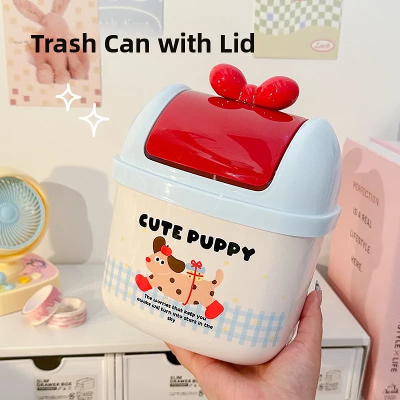 Cestino per Rifiuti da Scrivania a Forma di Cagnolino Carino con Coperchio, per Ufficio, Dormitorio Studentesco, Scrivania, Piccolo Cestino Portatile in Plastica