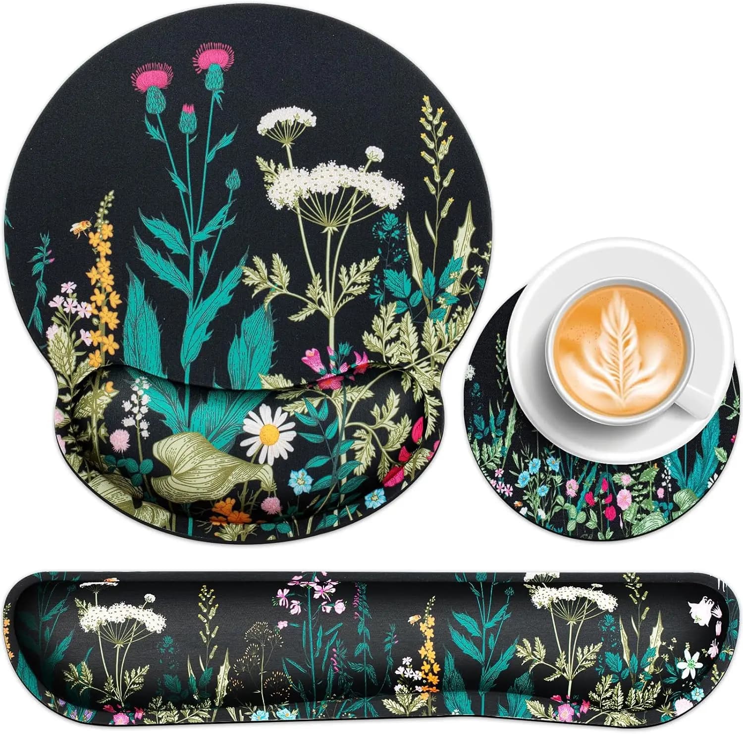 Tappetino per Mouse Ergonomico 3-in-1 con Poggiapolsi, Mousepad da Gaming Floreale, Base Antiscivolo, Supporto per Polso in Memory Foam