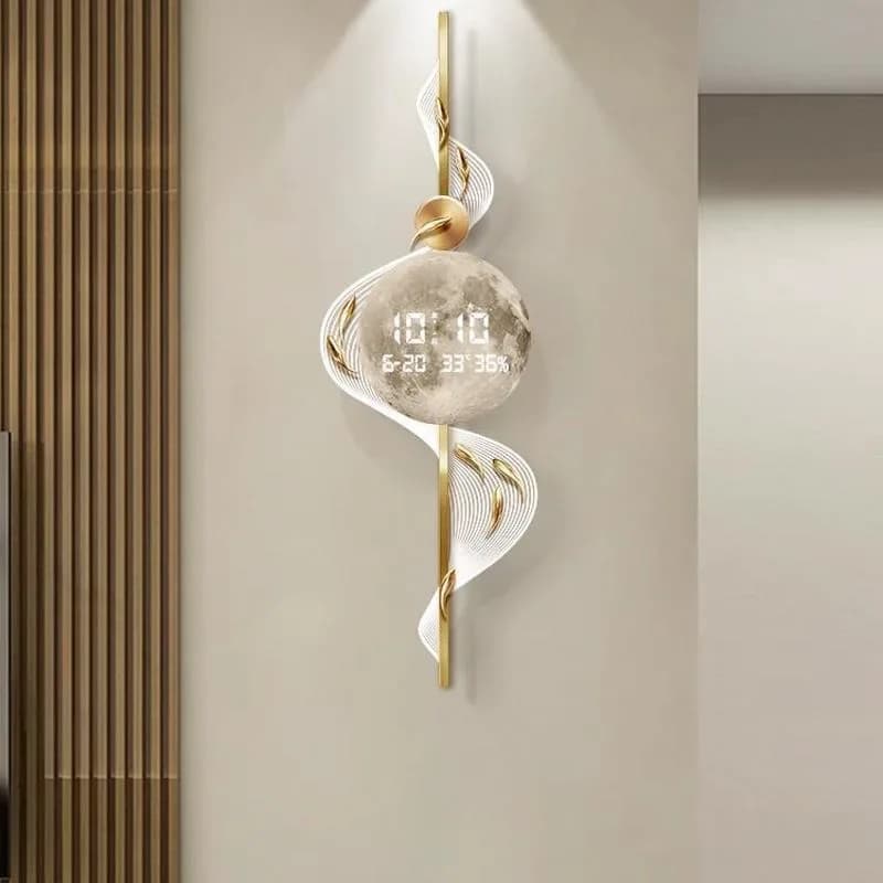 Wall clock for living room with map of nine fishes, electronic clock, wall lamp, grid painting