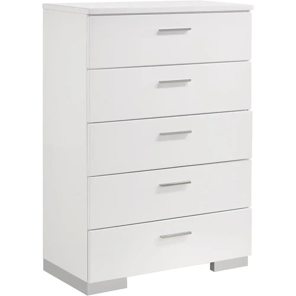 Contemporary White High Gloss Wooden 5-Drawer Chest with Chrome Handles and Metal Glides