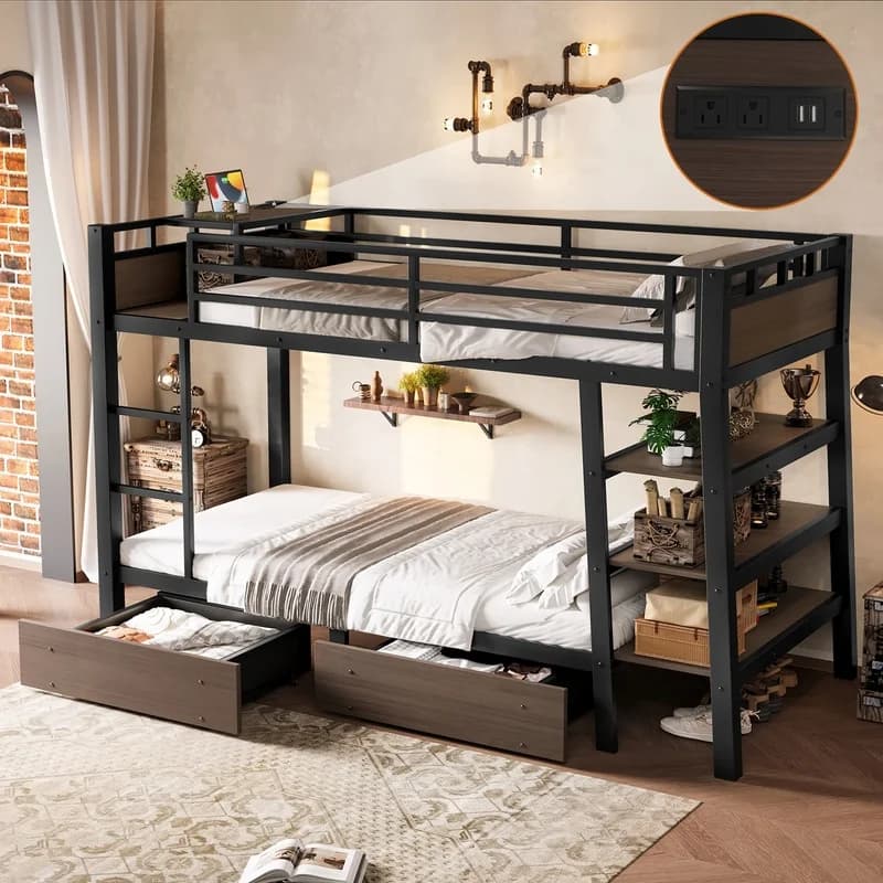 Black Metal Bunk Bed with Storage Shelves, LED Strip, USB Charging Port