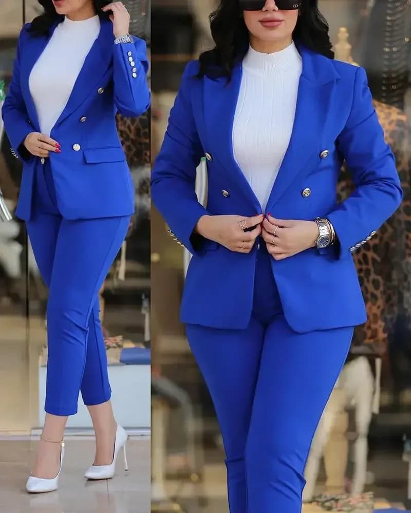 Women Two Piece Sets Pant Suits Turn Down Collar Blazer Coats Straight Long Pants Suits Slim Fit Casual Autumn Elegant Work
