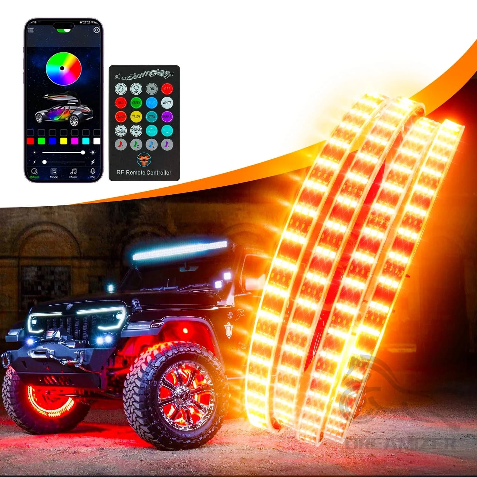 Kit 4 Parts LED Lights RGB Colored for Auto Circles, Waterproof, With APP/Telecom Control, Adjustable Neon Luminous Strip for Auto Wheels