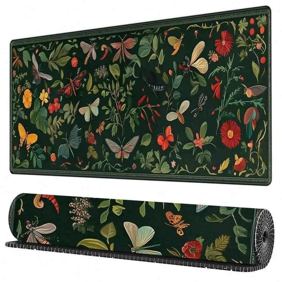 Desk Mat, Extended Gaming Mouse Pad (35.4x15.7 In), Large Non-Slip Rubber Base Mousepad With Stitched Edges, Keyboard Mouse Mat Desk Pad For Work, Game, Office, Home - Green Insect Inspired Carpet Design