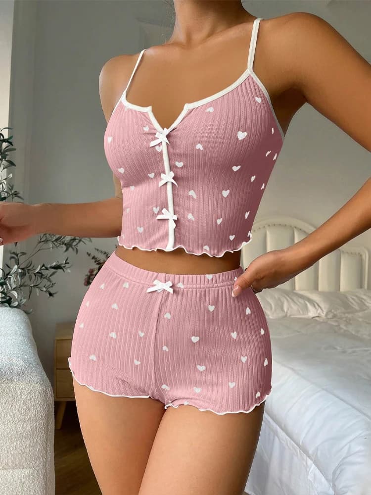 Women Sexy Heart Print Satin Silk Pajama Set V-Neck Sleeveless Cami Top & Shorts Casual Soft Silky Loungewear Sleepwear For Home