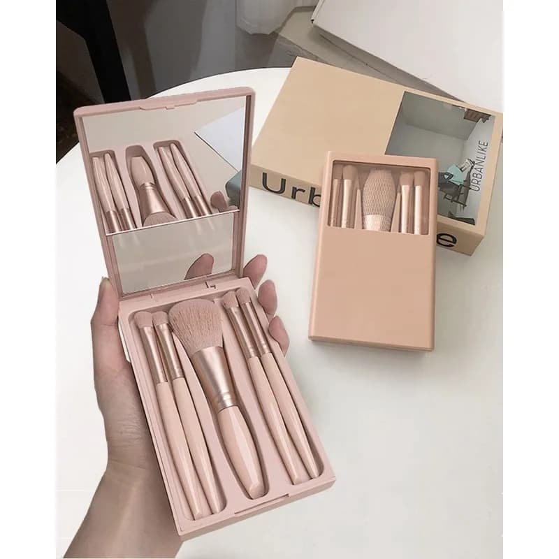 Set di pennelli per il trucco (con specchio), set di mini pennelli per il trucco da viaggio, pennello per ombretto da ragazza (color albicocca/rosa) Regalo di San Valentino.