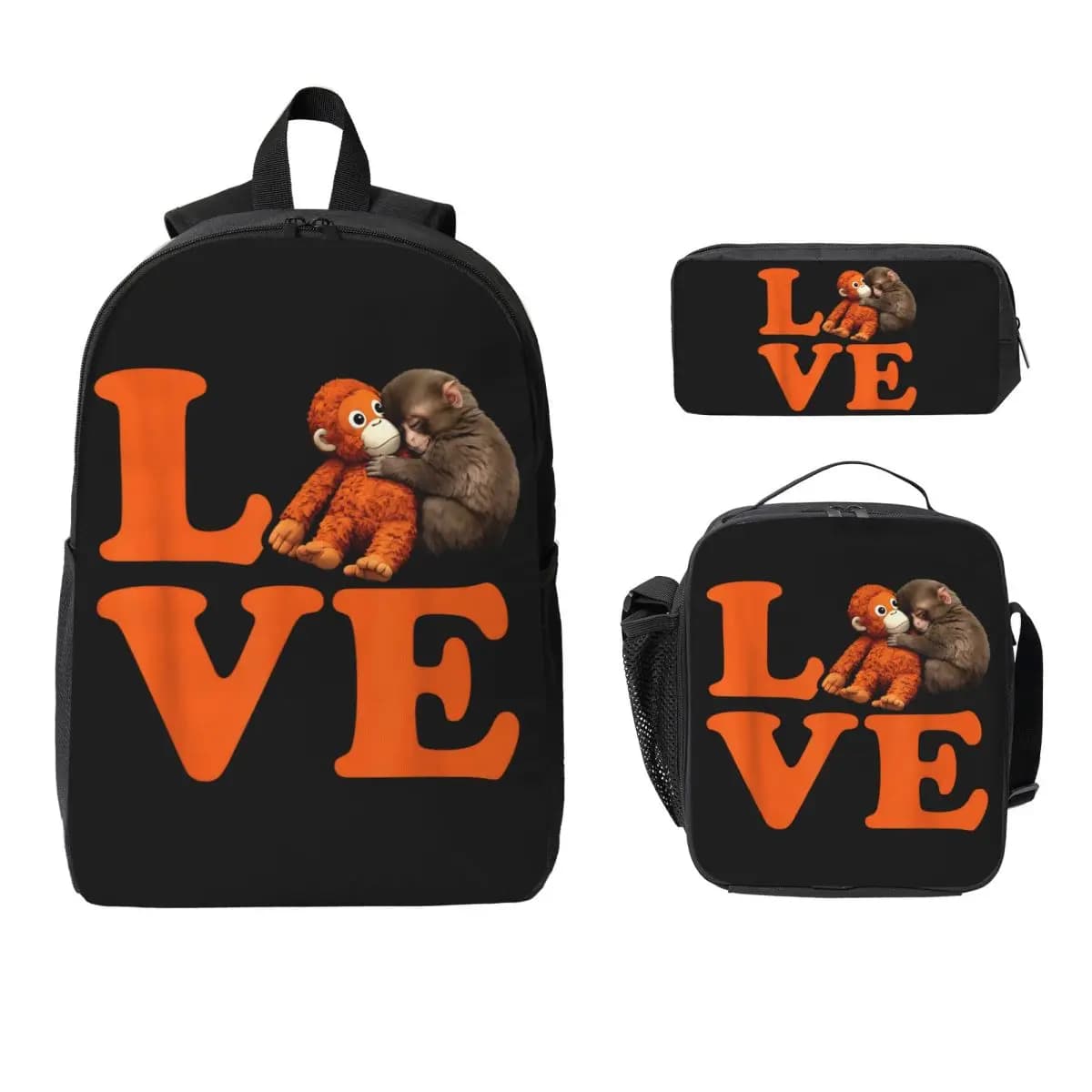 Zaino per bambini con simpatico scimmietto che abbraccia un orsetto, set con borsa per il pranzo e astucci per penne, per ragazzi e ragazze, zaino scolastico, set di borse.