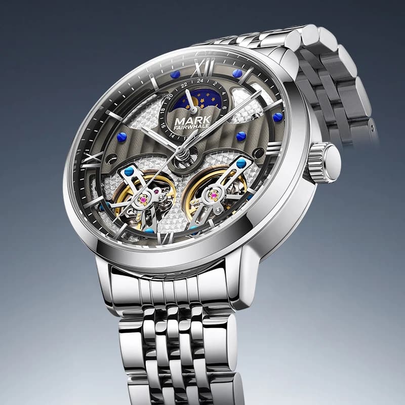 Mark Fairwhale 6023 Orologio da uomo con movimento automatico con cinturino in acciaio al quarzo di lusso Orologio da uomo con doppio tourbillon e fasi lunari