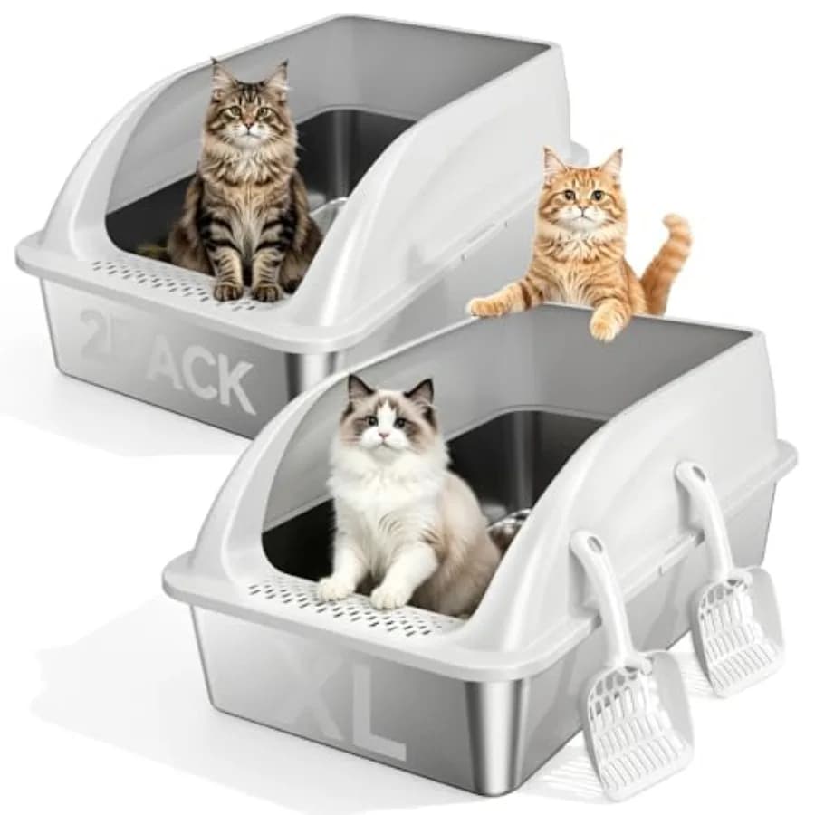 2 Pack XL Stainless Steel Litter Box with High Sides, Metal Litter Pan for Multi Cat, Extra Large Non-Stick Cat Litter Box for