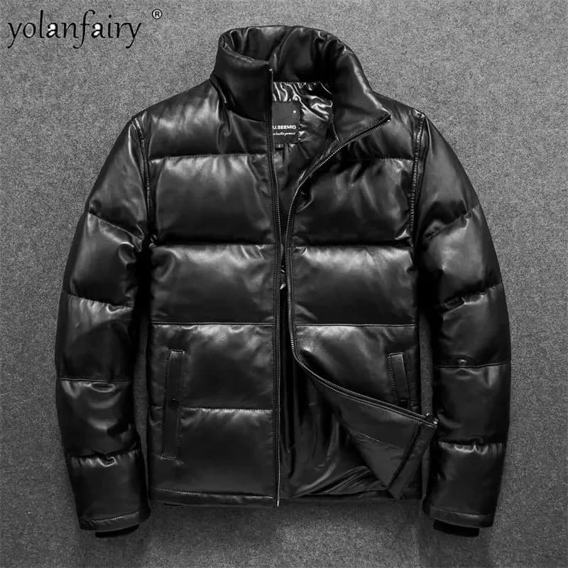 Giacca in pelle naturale da uomo piumini spessi e sottili colletto alla coreana Casual in pelle di pecora con cappuccio piumino invernale da uomo Casaco F