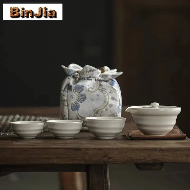 Plant Ash Hand Grasping Bowl Portable Travel Tea Set Kit Zen 1 Pot 3 tazze Tea Brewing Outdoor Brocade Bag Teaware Decoration