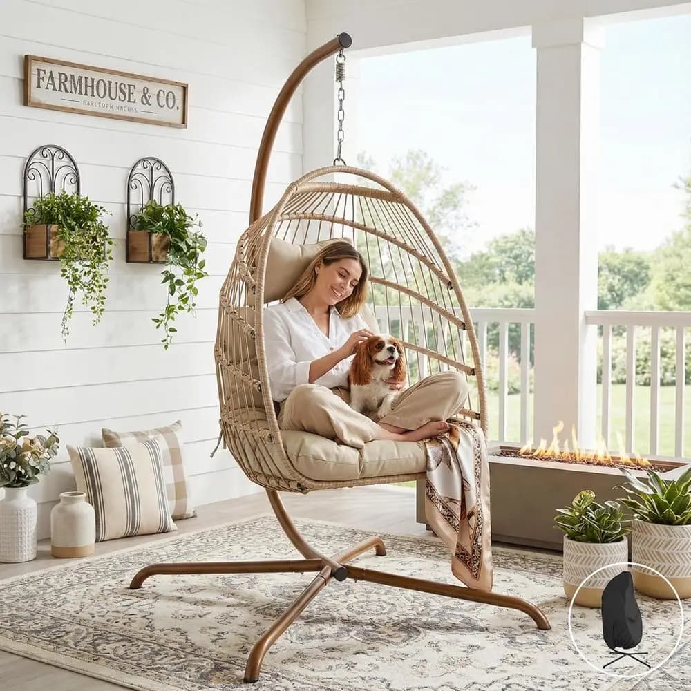 Indoor Outdoor Rattan Swing Hammock Chair with Stand, Cushion, and Cover, 350lbs, Cream