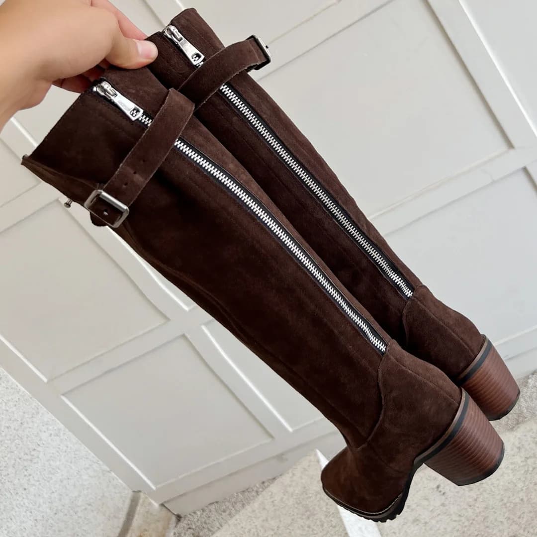 Autumn high knee boots with natural suede leather back zipper for women with pointed tip and metal buckle Long elegant boots with medium heel thick 6.5 cm