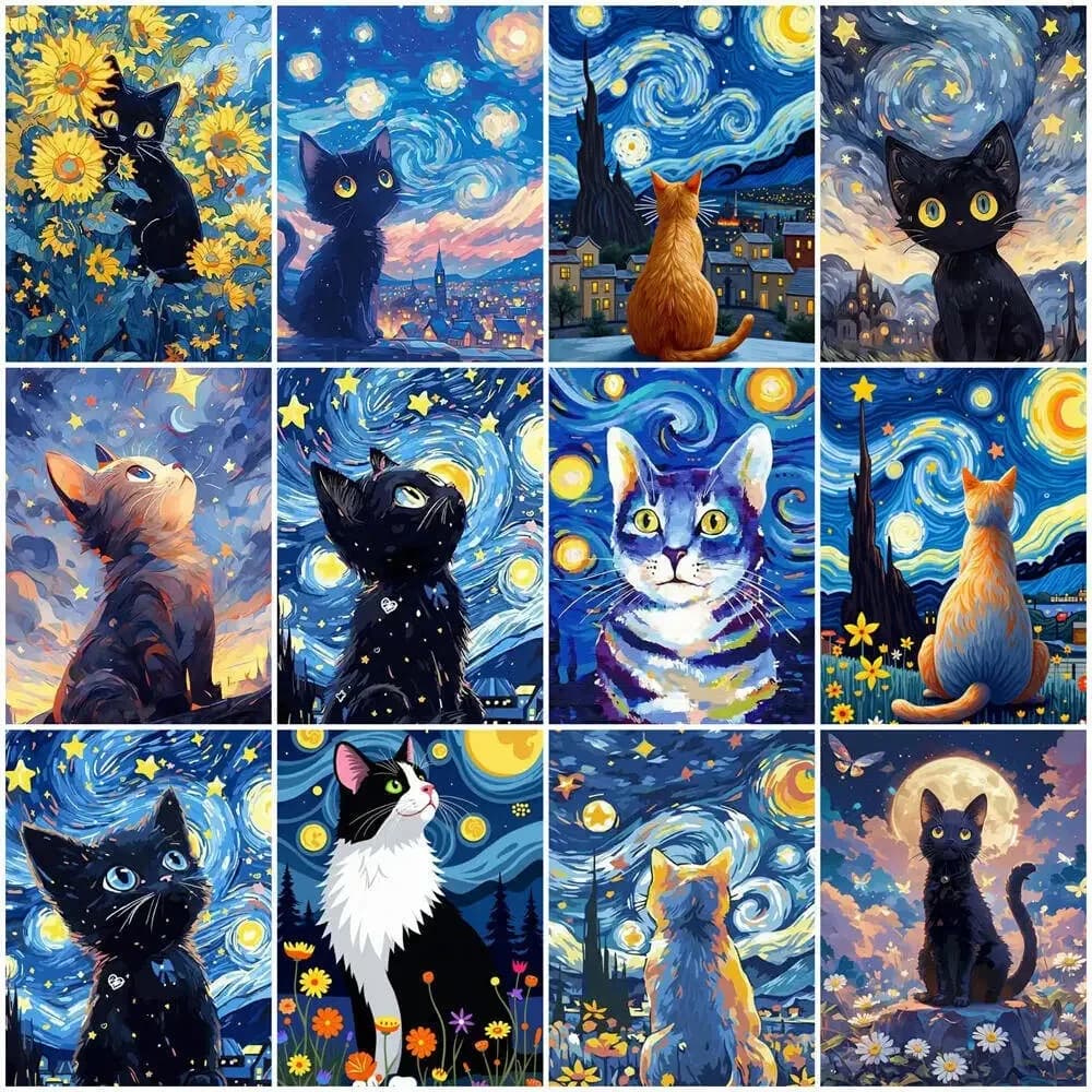 Van Gogh Starry Night Cat Paint by Numbers Kit, Classic Impressionist Star Sky Black Orange Cat Sunflower DIY Canvas Oil Painting Set, Aesthetic Art Gift for Bedroom Wall Decor, Relaxing Stress Relief Handcraft for Beginners