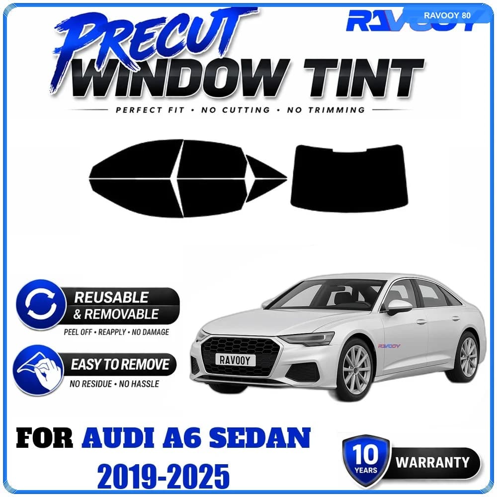 RAVOOY Precut Window Tint, Reusable Removable EPU Film, Custom Fit for Audi A6 SEDAN 2019-2025, UV Heat Protection