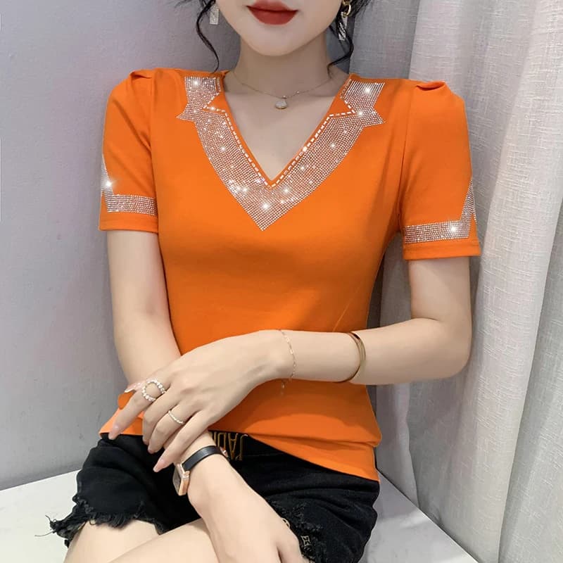 New Summer Short Sleeved Women's T-Shirt Fashion Casual V-Neck Hot Diamond Mesh Tops Solid Color Tees
