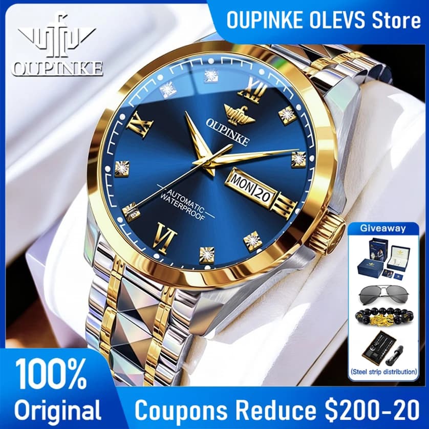 OUPINKE men's watch 3262 automatic mechanical watches made of high quality tungsten steel 50M Watches with waterproof weekly date for men