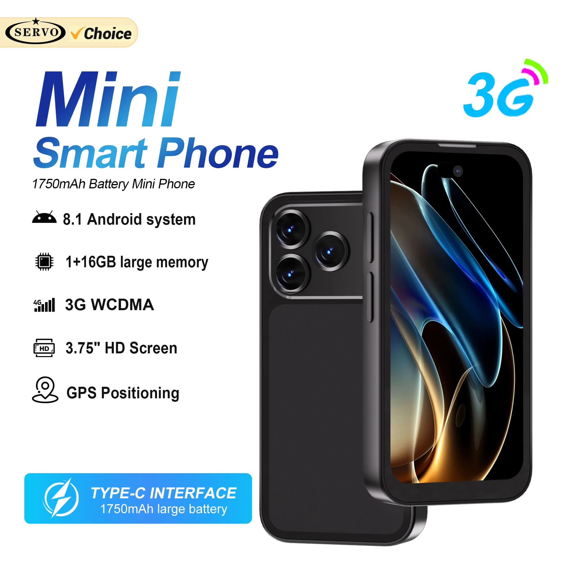 SERVO 17PRO MAX 3G Mini Smartphone Sistema Android 16GB ROM WhatsAPP Face Sblock WiFi Hotspot 2 SIM 3.75 "Super Piccolo Smart Phone