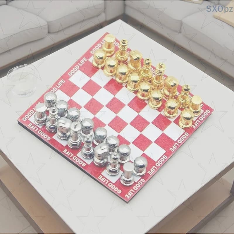 Mini set da gioco per scacchi per casa delle bambole, decorazione per scena da tavolo rossa in scala 1:12 con lavagna magnetica