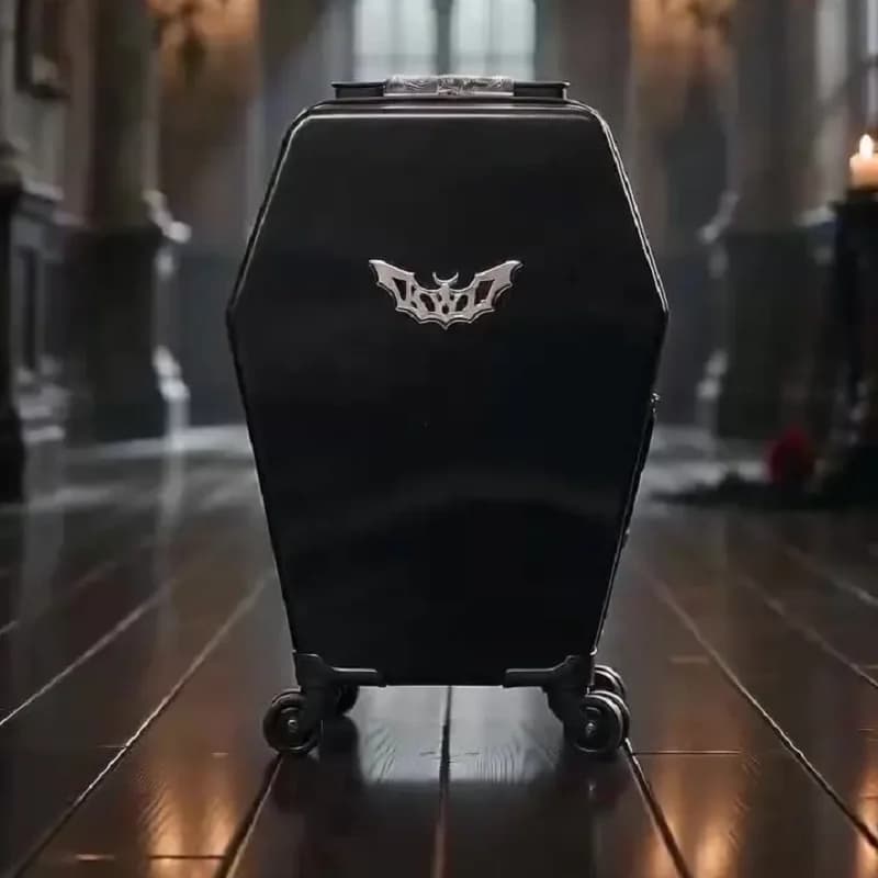 Vintage Gothic Coffin Designed Trolley Case Bat Emblem 20in Hard Shell Carry On Rolling Luggage Punk Subculture Travel Suitcase
