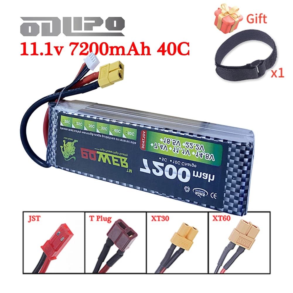 Batteria LiPo 7200mAh Potenziata 40C~60C 11.1V con Connettore T XT60 per Quadricotteri RC, Elicotteri, Auto, Droni, Ricambi Batteria 3S