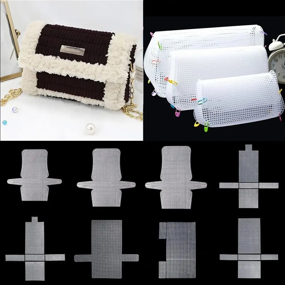 Tessitura in plastica Panno a rete in plastica Sacchetti artigianali bianchi Creazione di ganci a griglia Borse per maglieria fatte a mano all'uncinetto Accessori per borse per piastre
