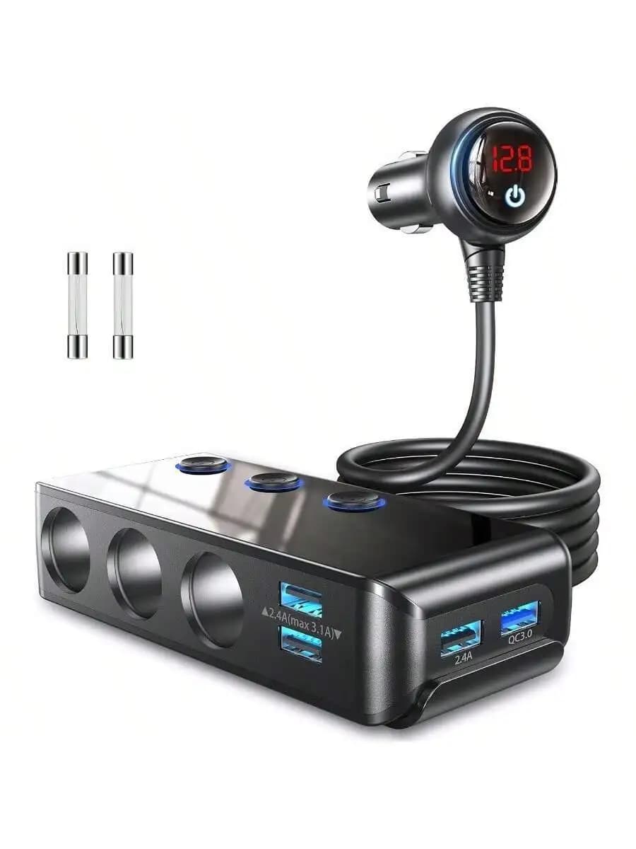 Adattatore di alimentazione per auto con display LED della tensione, 3 prese accendisigari, 4 porte USB a ricarica rapida