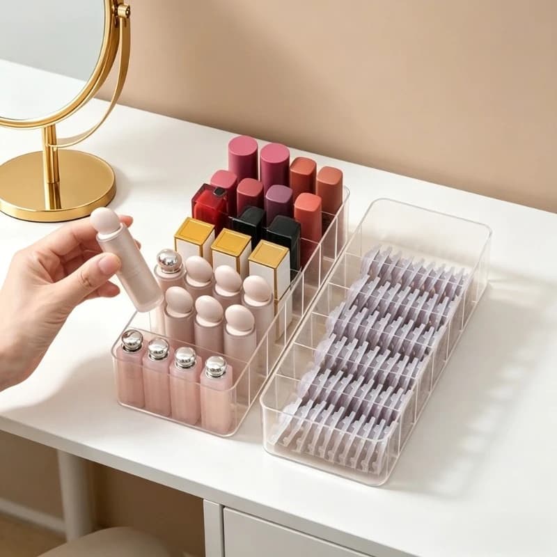 Organizer per Rossetti Trasparente con Divisori Rimovibili, Porta Trucchi in Plastica Trasparente per Rossetti, Pennelli e Cosmetici da Toeletta