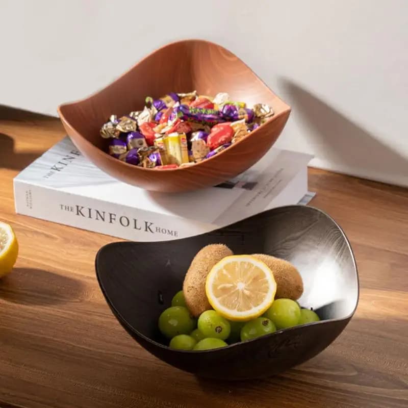 Large Size Elegant Wood Grain Fruit Tray Eye-Catching Display Plate for Living Room Coffee Table Snacks Dried Fruits Plastic