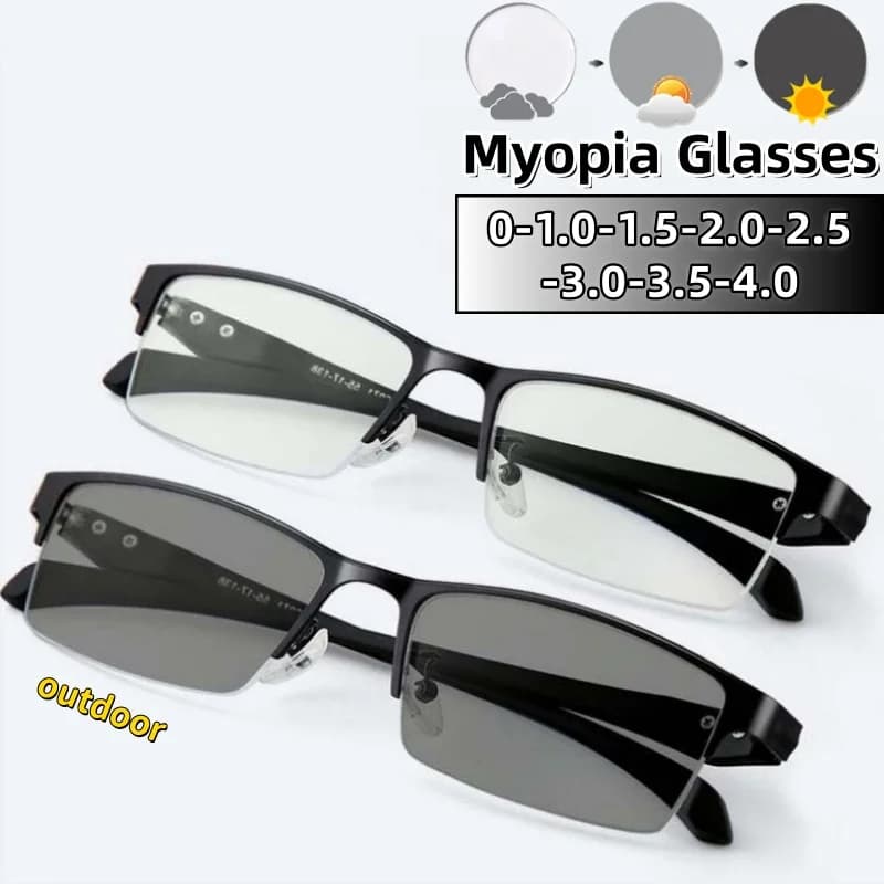 Occhiali da miopia a mezza montatura fotocromatici quadrati classici da uomo Occhiali da vista versatili da lavoro anti-luce blu da 0 a -4.0