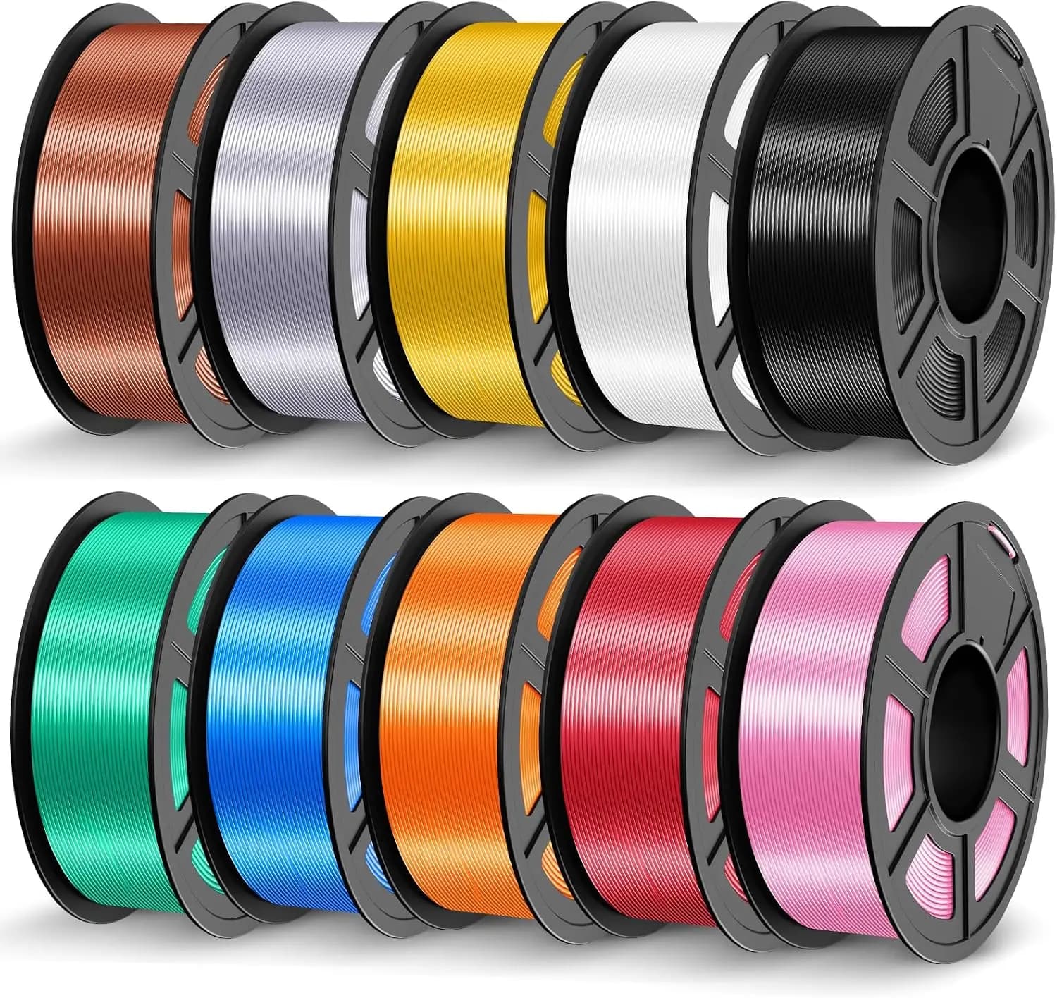11KG Silk PLA Filament Bundle 1.75mm, 10 Colors, Metallic Shiny Finish for 3D Printing