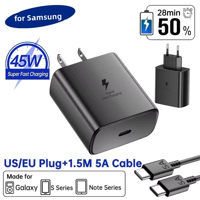 Samsung 45W Super Fast Charge PD Charger with EU/US Wall Adapter for Galaxy S24 S25 Ultra Plus Note 10+5G M55 A55