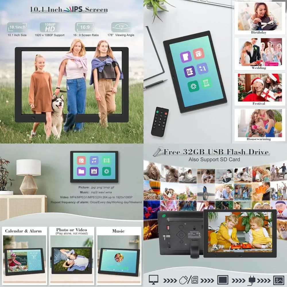 Cornice per foto digitale con display IPS HD 10.1, risoluzione 1920x1080, USB da 32 GB incluso, sensore di movimento, riprodurre video e musica, Co remoto