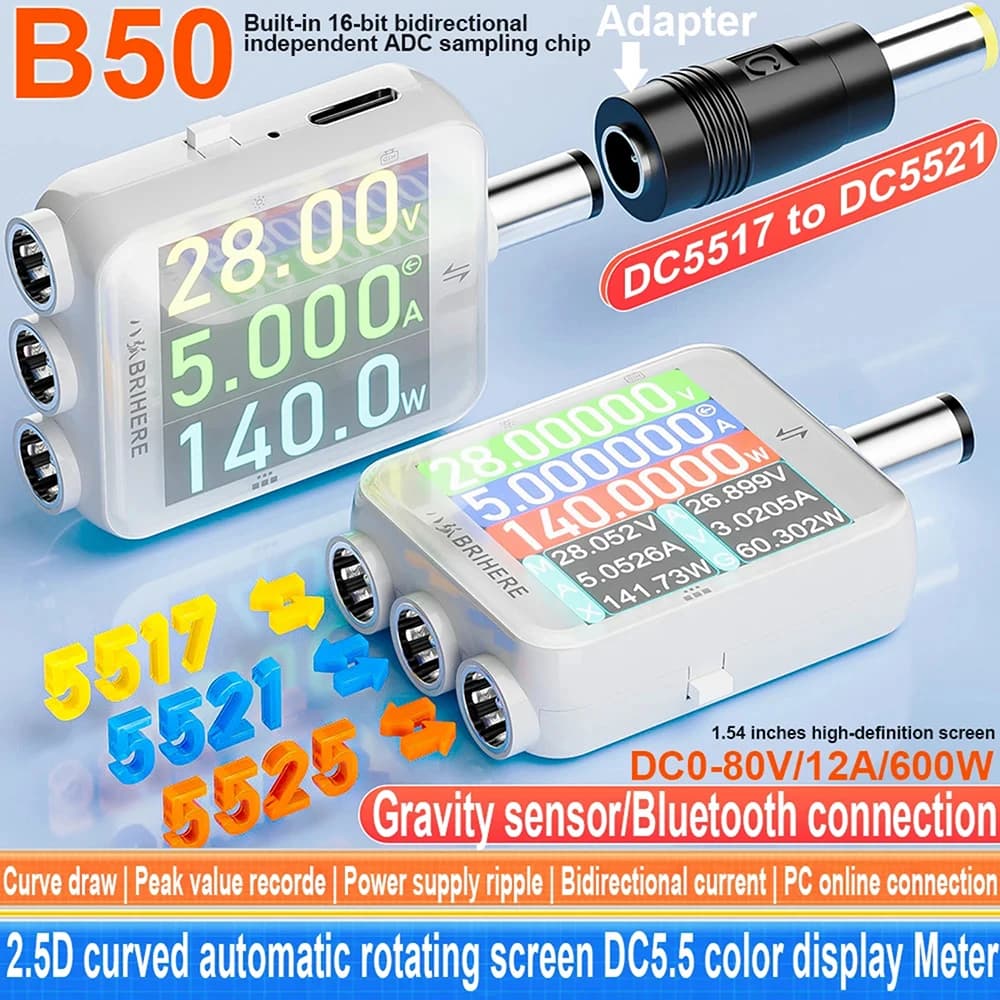 B50 DC 4.5-80V Digital Power Meter 0-6A 600W Voltage Current Tester 3 Ports DC5.5 5517/5521/5525 Gravity Sensor Curve Analyzer