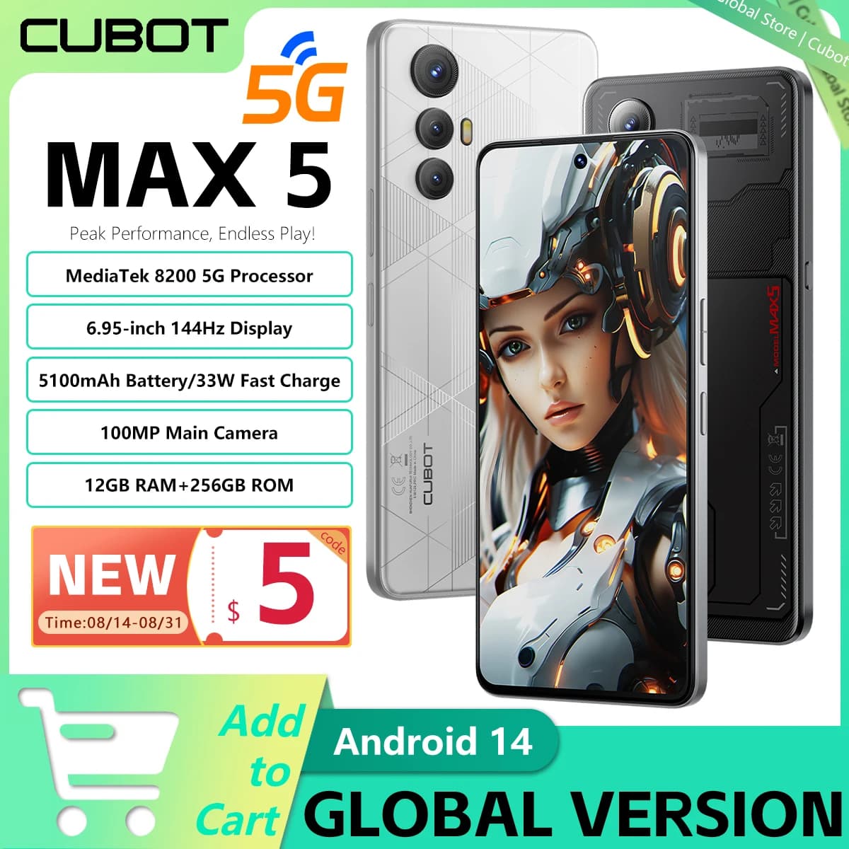 Smartphone 5G CUBOT MAX 5 Dimensity 8200 6,95 "144Hz Grande schermo 12GB RAM + 256GB ROM 5100mAh Batteria Gaming Phone NFC Android 14
