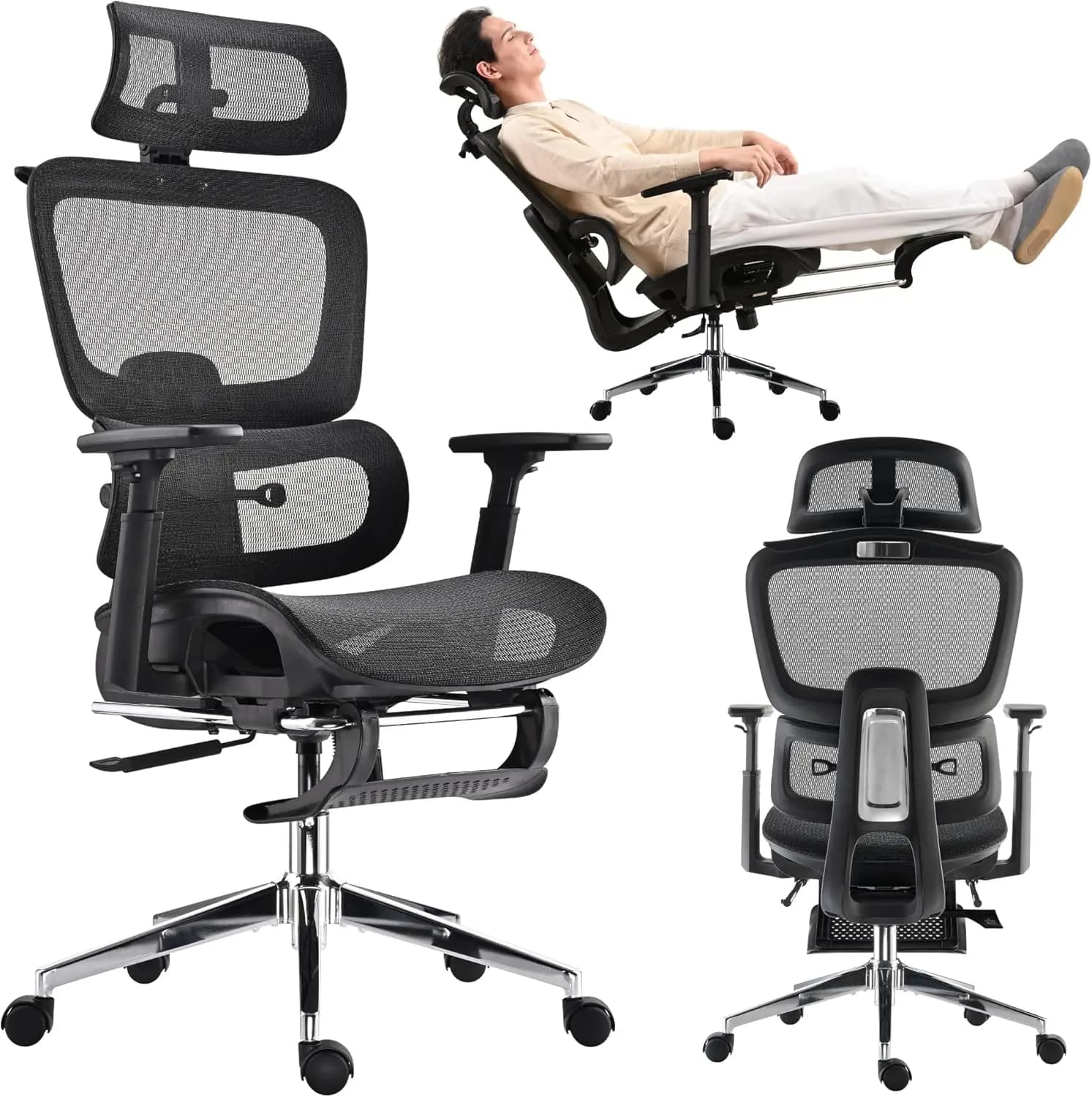 Sedia da Ufficio Ergonomica in Rete con Poggiapiedi, Sedia da Gaming con Schienale Alto, Poggiatesta e Braccioli Regolabili per Scrivania Domestica (Nera)