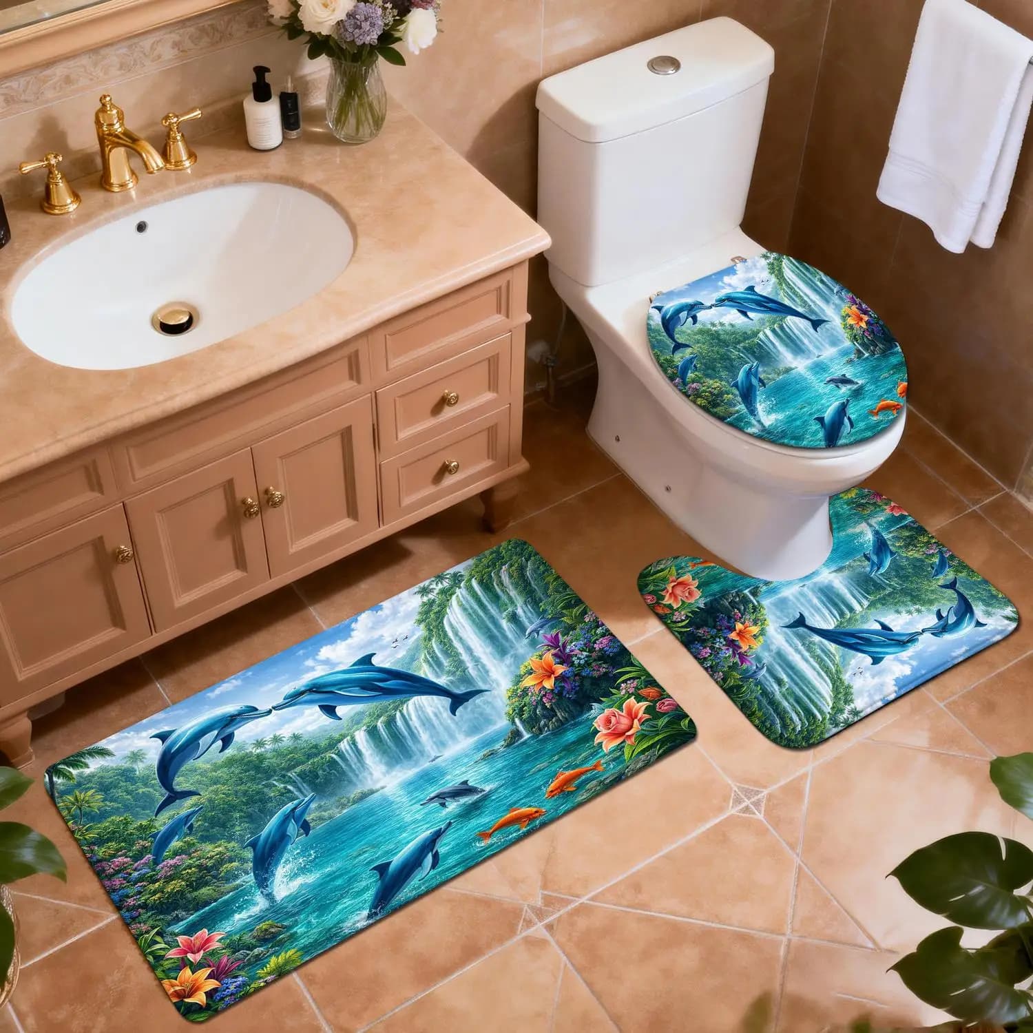 Set di Tappetini da Bagno con Motivo Cascata di Delfini Tropicali, Decorazione per Bagno e Casa, Tappeto di Lusso, Tappetino da Bagno, Copriwater