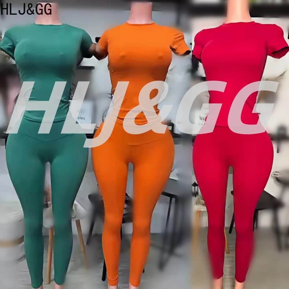 HLJ&GG High Quality Casual Solid Sporty Two Piece Sets Women Round Neck Short Sleeve Slim Top And Skinny Pants Outfit Streetwear