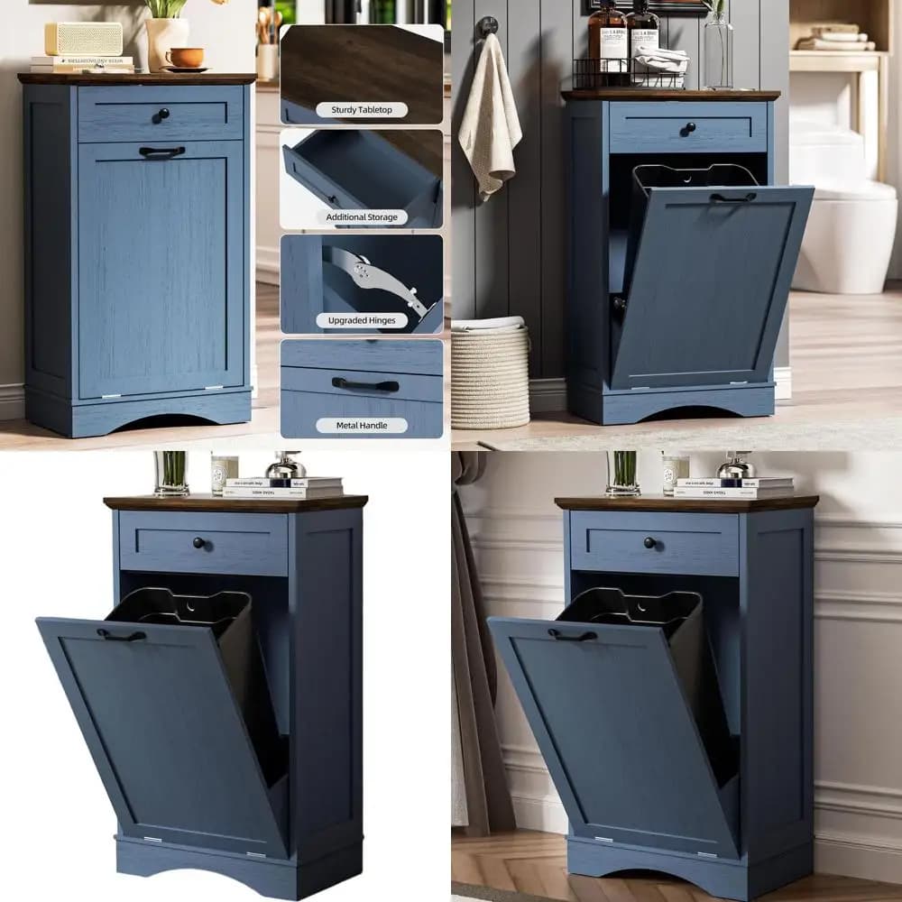 Mobiletto Blu Autoportante per Rifiuti e Riciclaggio con Contenitore Nascosto per Cucina o Soggiorno