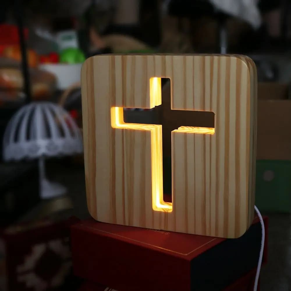 Lampada da Tavolo a LED 3D in Legno a Forma di Croce, Luce Notturna USB, Artigianato Cristiano, Decorazione per Caffetteria