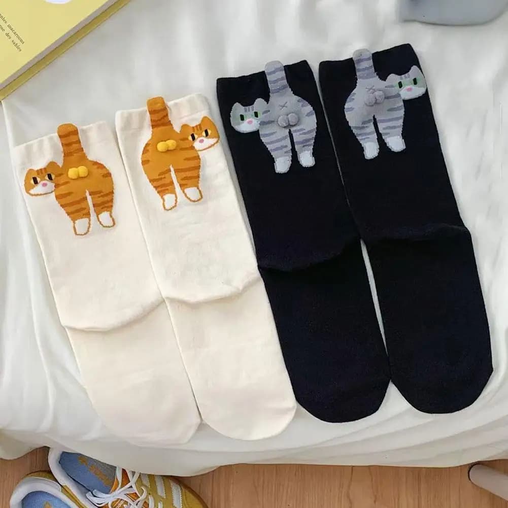 Women's Cute Funny Cat Socks Soft Breathable Funny Cute Breathable Mid Length Sock With 3D Cat Eggs Ankle Socks