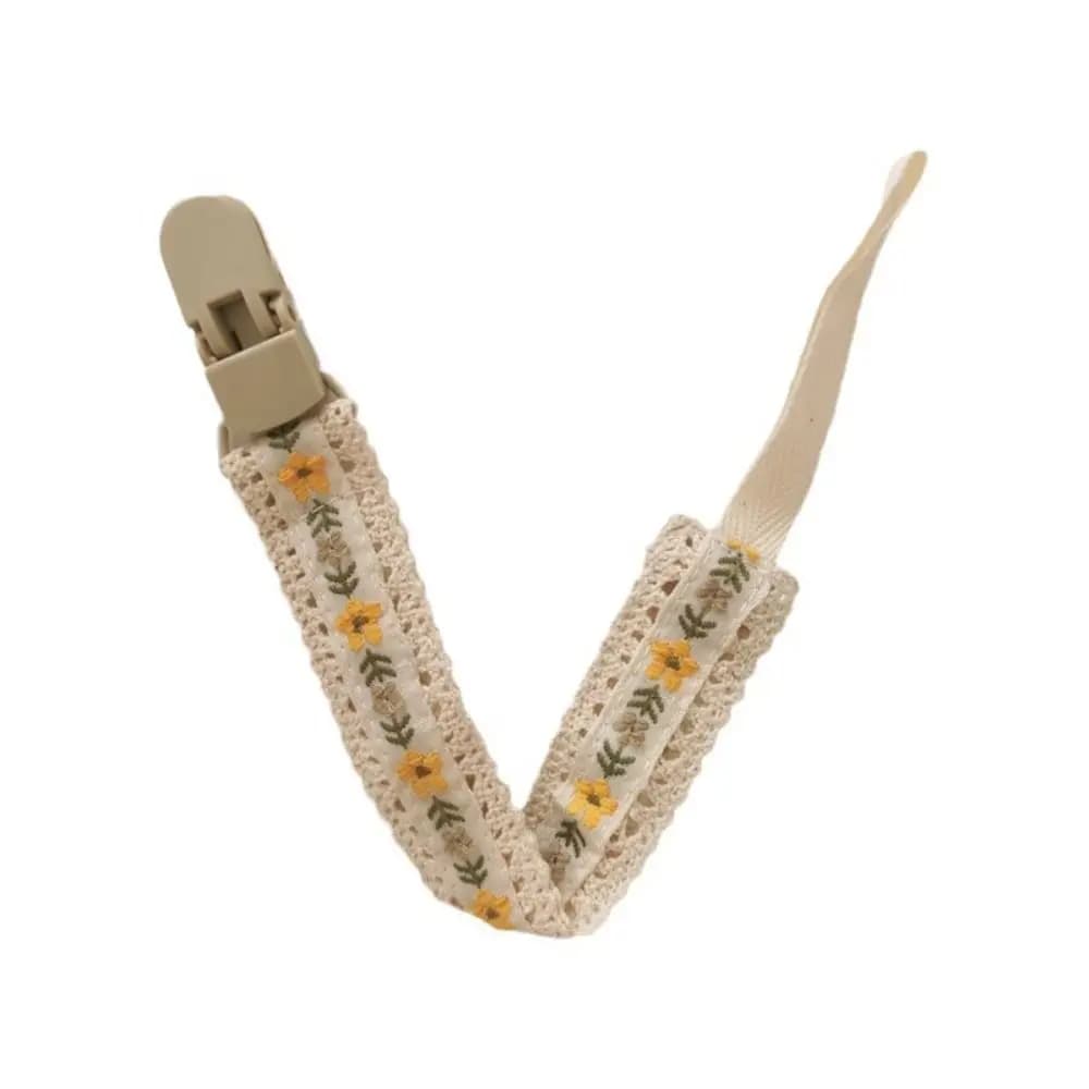 Catena per ciuccio in stoffa per bambini in stile etnico Cinghie per massaggiagengive regolabili Porta succhietto Clip per ciuccio floreali ricamate