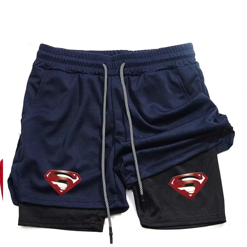 Superhero Print 2 in 1 Running Workout Sport Mesh Shorts Men Gym Performance Shorts with Phone Pocket Towel Loop Fitness Apparel