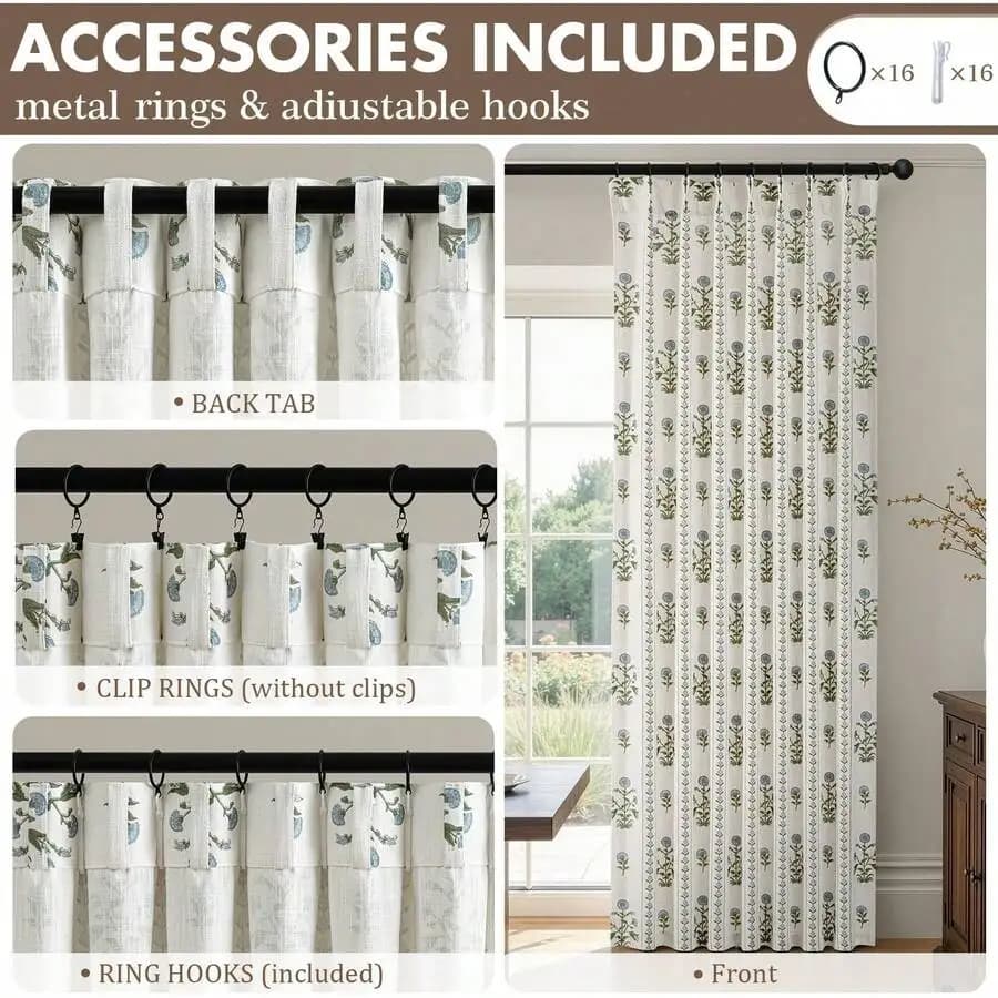 Flower Pinch Pleated Linen Curtains Light Filtering Farmhouse Style With Hooks Blue And White 40Wx96L 2 Panels