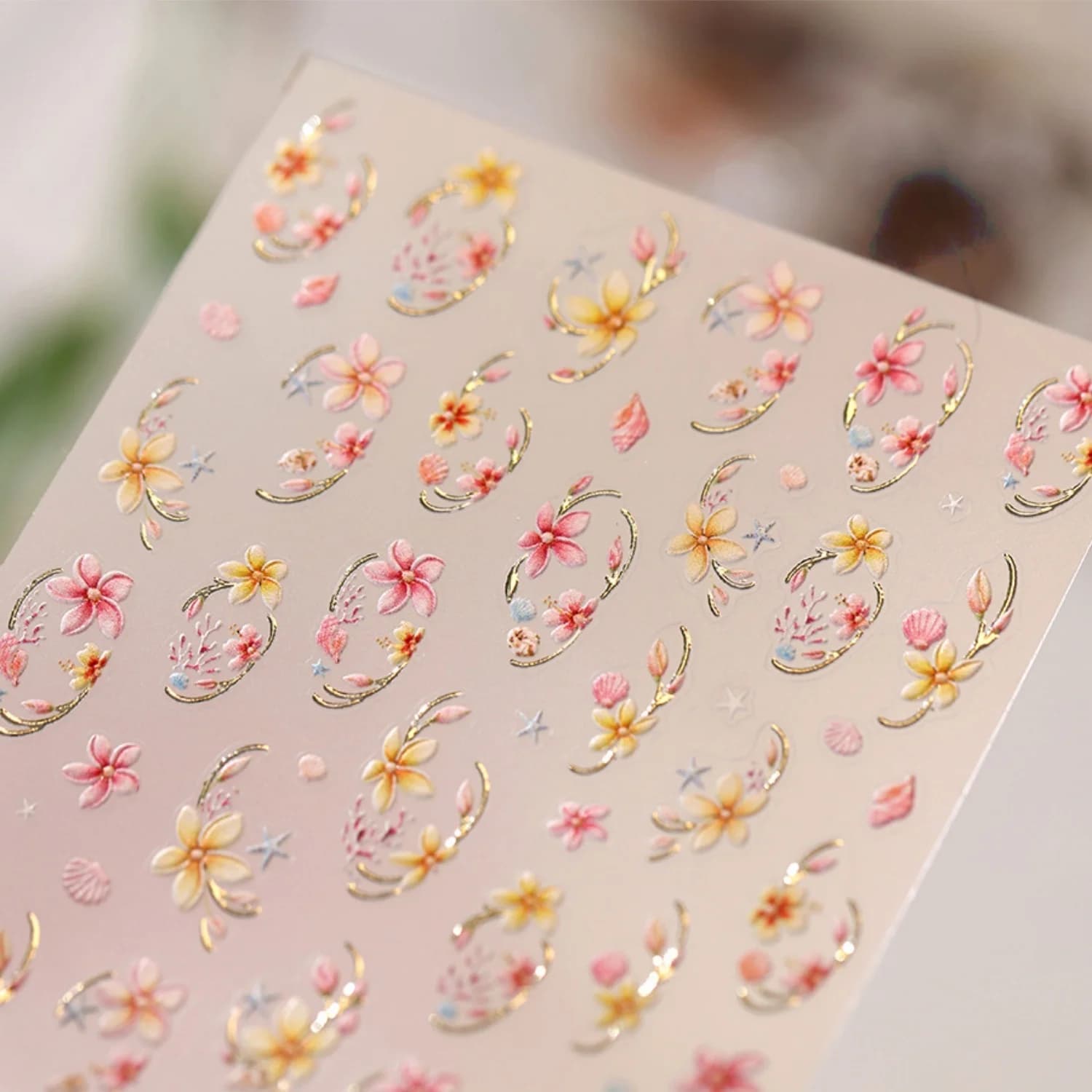 Gilded Oval Frame 5D Nail Art Stickers Pink Yellow Floral Branch Shell Starfish Flower Gold Border Decal Self Adhesive Manicure