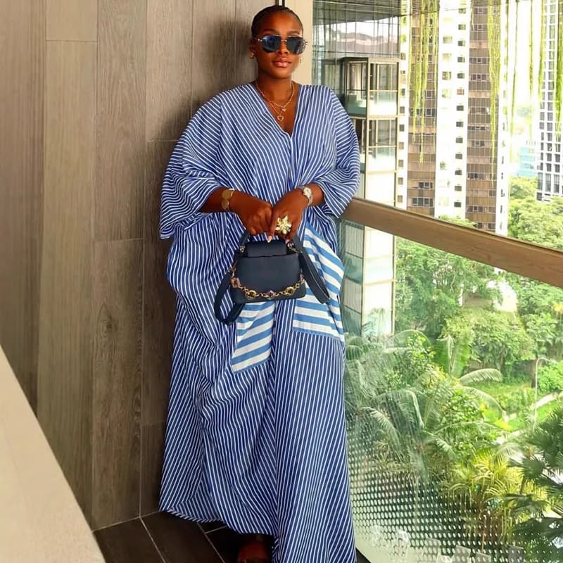 New African fashion long dress, striped print, large pockets, V neckline, bat sleeve