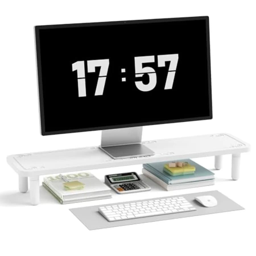 Supporto per Doppio Monitor da Scrivania 31 Pollici, Regolabile in Legno, Rialzo per Computer con Spazio di Archiviazione per Computer, Laptop, Stampante, TV, Bianco S