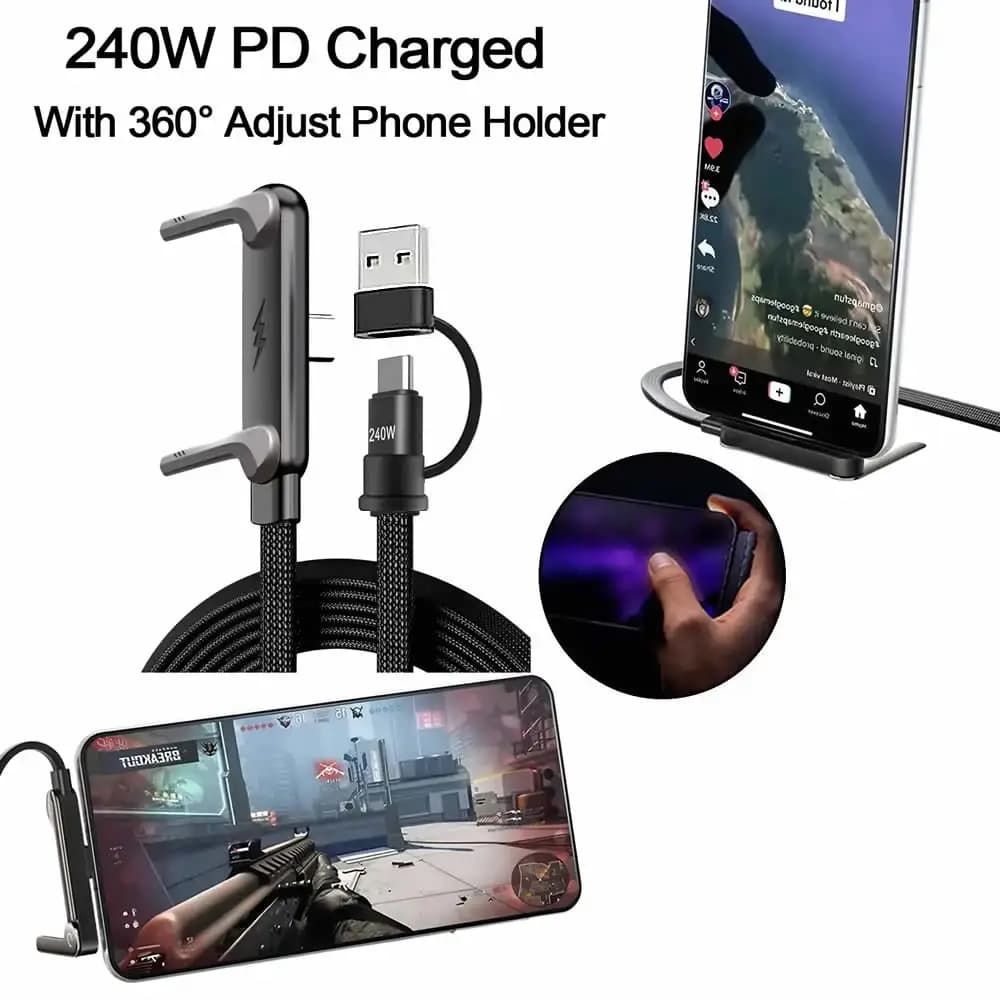 Cavo di Ricarica Invisibile 240W con Supporto per Telefono Integrato, Cavo di Ricarica Rapida 2in1 USB Tipo-C a USB-C